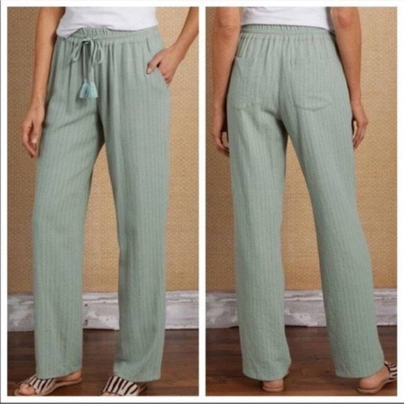 Soft Surroundings Pants - Soft Surroundings Green Metallic Striped Linen Blend Pants XS Pull On